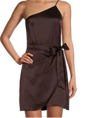 Gianni Bini One-Shoulder Chocolate Brown Satin Wrap Dress